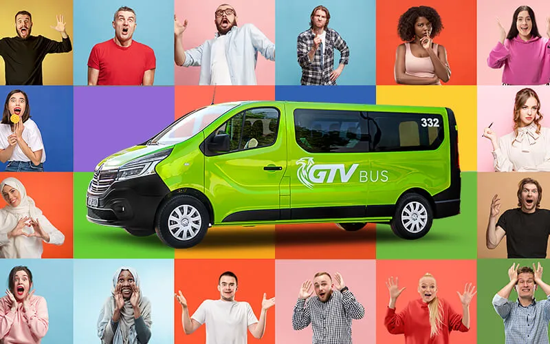 Kolaż zdjęc osób oraz busa