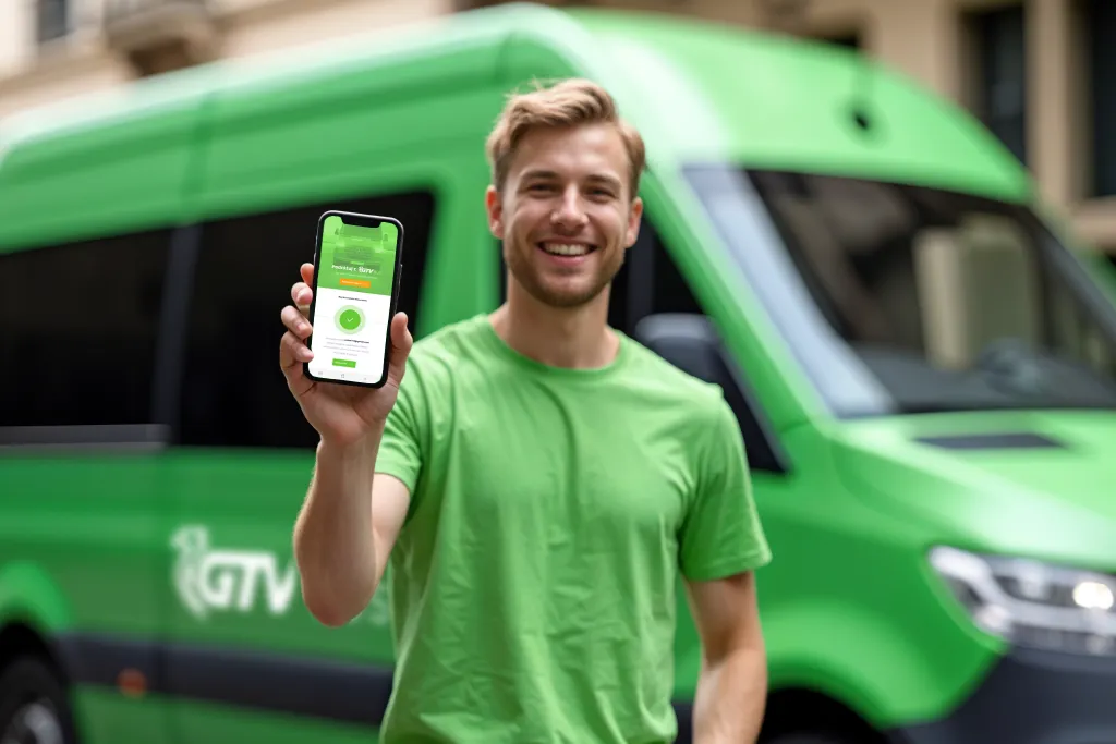 Pracownik z aplikacją na tle busa
